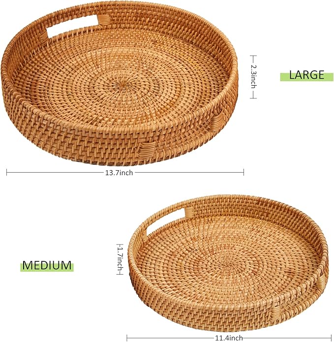Whalehub Round Rattan Serving Tray with Handles,2 Hand Woven Basket, Home Decor Organizer Tray for Breakfast, Tea, Snack, Fruit, Coffee, Storage (Large + Medium)(14.17inchX2.3inch+11.9inchX1.7inch