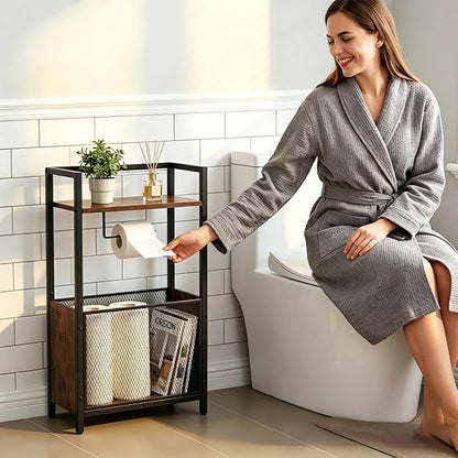 Toilet Paper Holder Stand, Free Standing Toilet Paper Stand with Metal Mesh Basket, Freestanding Toilet Paper Holder with Storage for Bathroom Tissue Roll Holder, Magazines, Wipes, Black