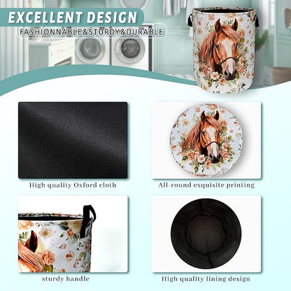 Watercolor Horse Laundry Basket Foldable With Handles Cute Animal Floral Tote Bag Oxford Cloth Colorful Laundry Hamper Clothes Toy Storage Bucket For Bathroom/Laundry/Bedroom 18.9" x 16.5 "