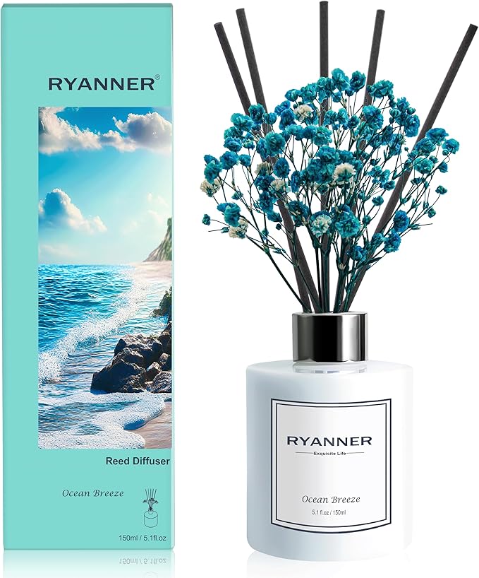 RYANNER Reed Diffuser Set,5.1 fl oz Ocean Breeze Scent Diffuser with Sticks Home Fragrance Reed Diffuser with Essential Oil for Bathroom Shelf Decor&Air Freshener,Home Bathroom Office Decor & Gifts