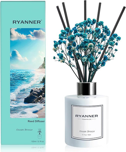 RYANNER Reed Diffuser Set,5.1 fl oz Ocean Breeze Scent Diffuser with Sticks Home Fragrance Reed Diffuser with Essential Oil for Bathroom Shelf Decor&Air Freshener,Home Bathroom Office Decor & Gifts