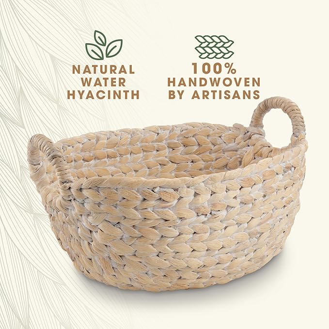 Set of 3 Wicker Storage Baskets for Organizing - Woven Decorative Baskets with Handles - Organizers for Bathroom, Kitchen, and Shelves (White)