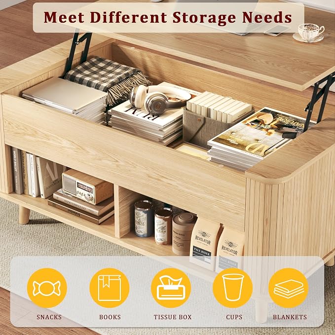 Lift Top Coffee Table with Storage, 41" Mid Century Modern Coffee Table with Fluted & Curved Profile Design, Hidden Storage Compartment, Lower Shelf Center Table for Living Room Office, Oak