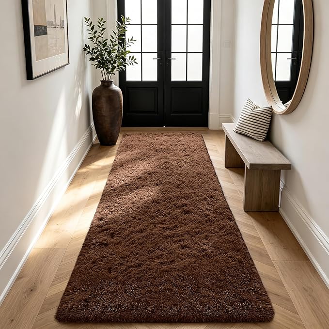 Shag Runner Rug for Bedroom Living Room 2x6 Upgrade Non-Slip Fluffy Soft Bedside Rugs,Brown Shaggy Carpet for Livingroom Dorm Home Decor Aesthetic