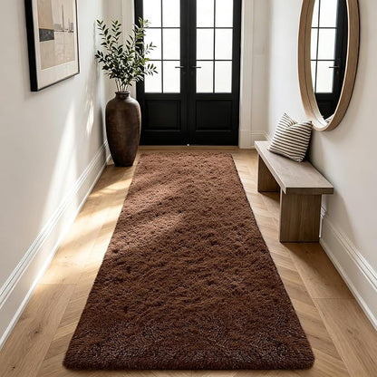 Shag Runner Rug for Bedroom Living Room 3x7 Upgrade Non-Slip Fluffy Soft Bedside Rugs,Brown Shaggy Carpet for Livingroom Dorm Home Decor Aesthetic