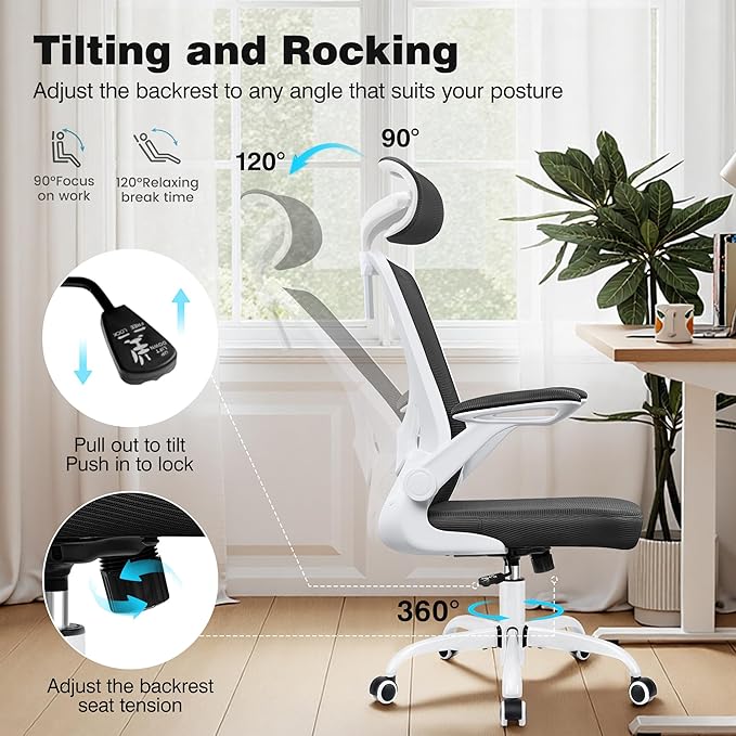 Home Office Desk Chairs, Ergonomic Office Chair with Lumbar Support, Headrest, Flip-up Armrests, Comfy Desk Computer Chair for Gaming, Work, White
