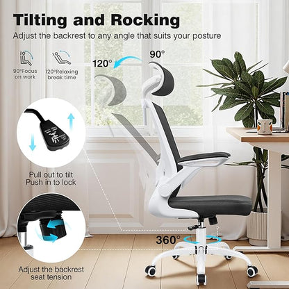 Home Office Desk Chairs, Ergonomic Office Chair with Lumbar Support, Headrest, Flip-up Armrests, Comfy Desk Computer Chair for Gaming, Work, White