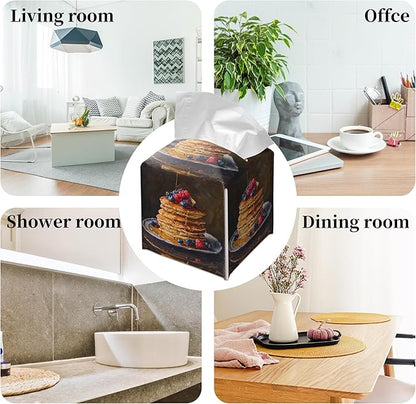 Grace Yonks Cute Pancakes Tissue Box Cover Square, Kitchen Food Cube Case for Facial Tissues, 5.2" PU Leather(068)
