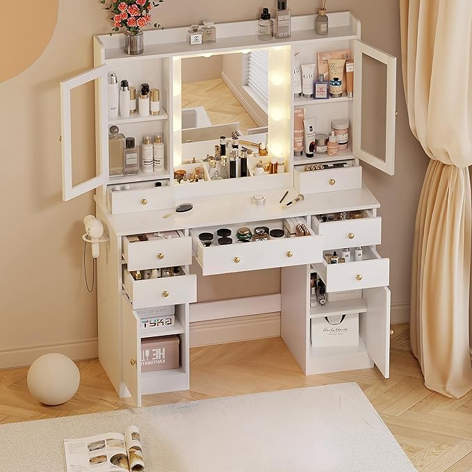 Vanity Desk with Mirror and Lights, White Vanity with Lighted Mirror & Power Outlet and 7 Drawers, 3 Color Modes Adjustable, Makeup Dressing Table Set with Lights for Girls Women