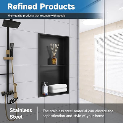 9" x 25" Black Modern Wall Mount Shower Niche with Double Recessed Shelves, No Tile Needed