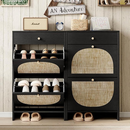 Nicetree Shoe Cabinet for Entryway, Slim Shoe Rack with 2 Flip Drawers and Top Storage Drawer, Narrow Shoe Organizer with Printed Rattan-Look Design, Entryway Shoe Storage for Size 12 Shoes, Black