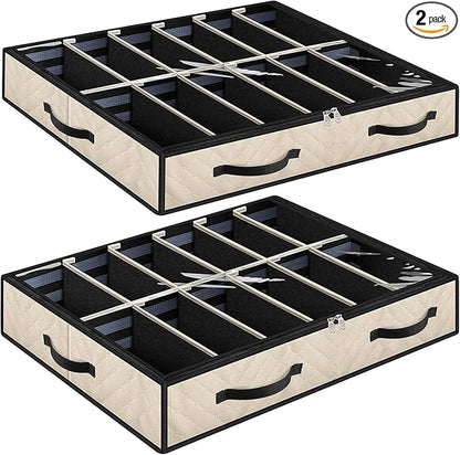 Under Bed Shoe Storage, Set of 2, Sturdy Sidewalls, Adjustable Dividers, Reinforced Handle, Sturdy Zipper, Bottom with Panel Structure, Beige