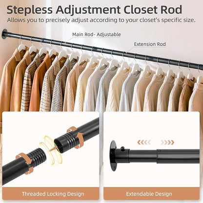 STORAGE MANIAC Closet Rods for Hanging Clothes 17.5 to 29.5 Inches Heavy Duty Stepless Adjustable Closet Hanging Rod 1.2 Inch Diameter Metal Closet Rod for Wardrobe Bathroom Bedroom Laundry RV, Black