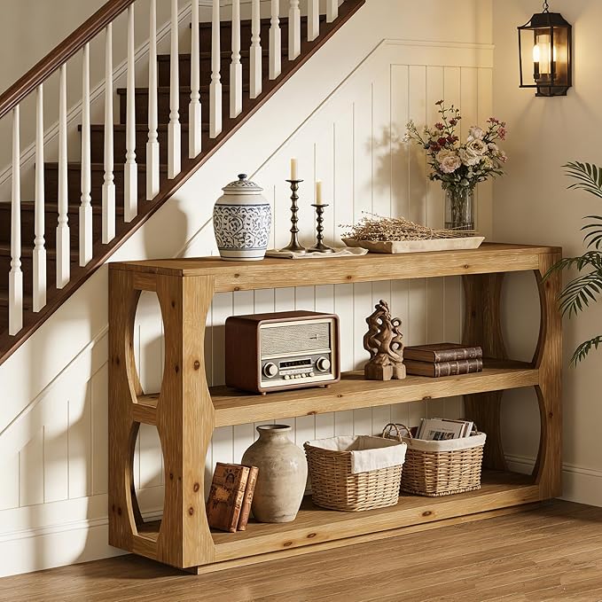 Solid Wood Console Table with 3-Tier Storage, 63" Long Farmhouse Narrow Entryway Sofa Table for Hallway, Living Room, Foyer, or Bedroom