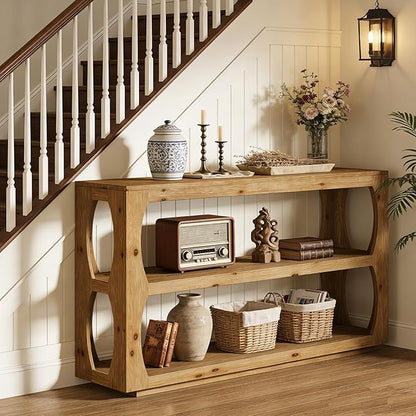 Solid Wood Console Table with 3-Tier Storage, 63" Long Farmhouse Narrow Entryway Sofa Table for Hallway, Living Room, Foyer, or Bedroom