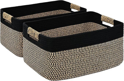 2 Pack Large Storage Basket for Organizing, 17.5"x13.5"x7.5" Woven Basket for Shelves, Closet Cube Storage Bins with Wrapped Handle, Cotton Rope Baskets for Kitchen, Clothes, Toys(Black & Brown)