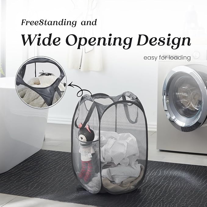 TECHMILLY Collapsible Mesh Pop Up Laundry Hamper with Sturdy Handles and Side Pocket - Portable Foldable Clothes Baskets for Dorm, Bathroom & Travel Storage (Grey, 2 Packs)