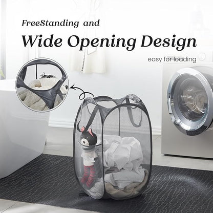 TECHMILLY Collapsible Mesh Pop Up Laundry Hamper with Sturdy Handles and Side Pocket - Portable Foldable Clothes Baskets for Dorm, Bathroom & Travel Storage (Grey, 2 Packs)