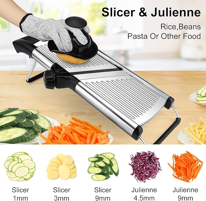 Mandoline Slicer for Kitchen, Adjustable mandoline food slicer， Stainless Steel vegetable slicer with a pair of Gloves