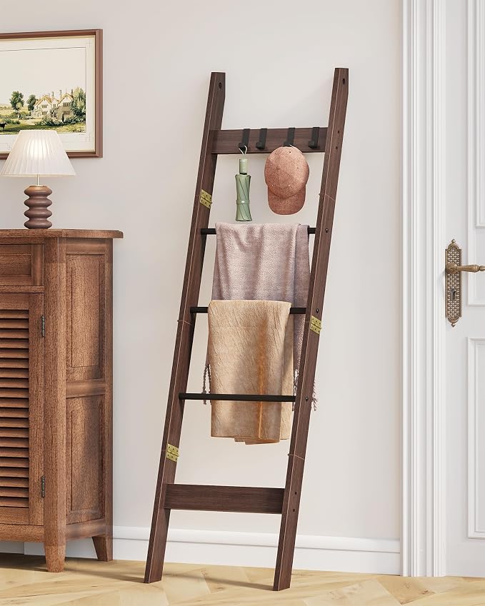 Hzuaneri Blanket Ladder for Living Room, Decorative Quilt Rack with 4 Removable Hooks, 5-Tier Farmhouse Ladder Holder Shelf Organizer for Bedroom, Black Tea Brown and Black BR02120B