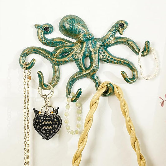 Sungmor Cast Iron Key Holder for Wall, Decorative Octopus Hanger with 6 Hooks, Vintage Green Wall Hooks for Towel, Bathrobe, Necklaces, Purse, Dog Leashes, Bathroom Nautical Decor