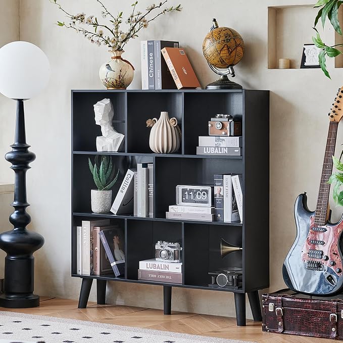 LEYAOYAO 8 Cube Bookshelf,3 Tier Bookcase with Legs,Black Mid-Century Modern Bookshelves,Large Open Storage Organizer Shelf, Wooden Book Case