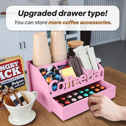 Coffee Bar Organizer for Countertop – Wooden Coffee Station, Tea and K Cup, Condiment Storage Rack, Coffee Pod Holder for Home and Office Counter Organization (Drawer - Pink)