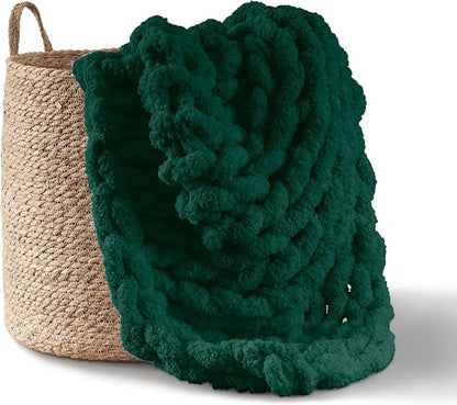Adyrescia Chunky Knit Blanket Throw | 100% Hand Knit with Jumbo Chenille Yarn (50"x60", Forest Green)