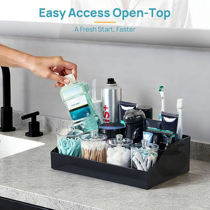 Vtopmart 5 PCS Bathroom Countertop Organizer, 1 Divided Tray with 4 Qtip Holder Jars, Restroom Clear Organizers for Toothbrush, Cotton Pads Balls, Floss, Bathroom Vanity Accessories Storage Set, Black