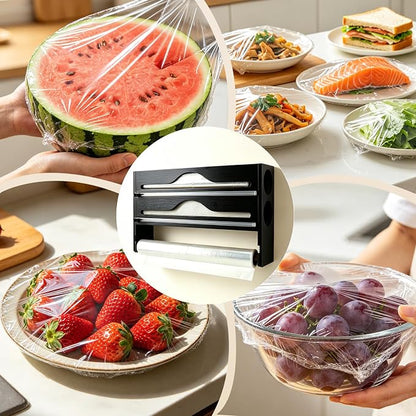 Plastic Wrap Dispenser with Cutter, 3 in 1 Tin Foil Wrap Dispenser Wall-Mounted Organizer for Baking Paper, Foil Dispenser with Cutter Wax Paper Holder Kitchen Storage Box (black)