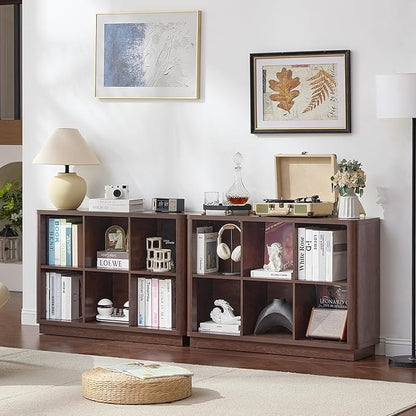 6 Cube Storage Bookcase, 40" Wide Low Horizontal Book Shelf with Curved Edge, Wood Floor Standing 2-Tier Bookshelf with Base, Farmhouse Short Book Case for Bedroom, Living Room, Office, Walnut