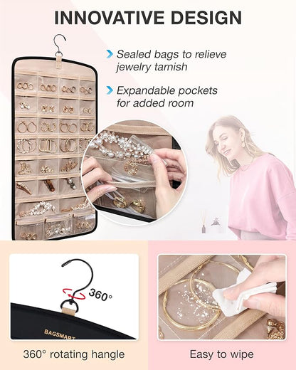 BAGSMART Hanging Jewelry Organizer, Necklace Holder Anti-tangle Earrings Rings Hanger with 10 Jewelry Bags Travel Storage Roll with Pockets Hang on Closet, Wall, Door,1 Piece, Small, Black