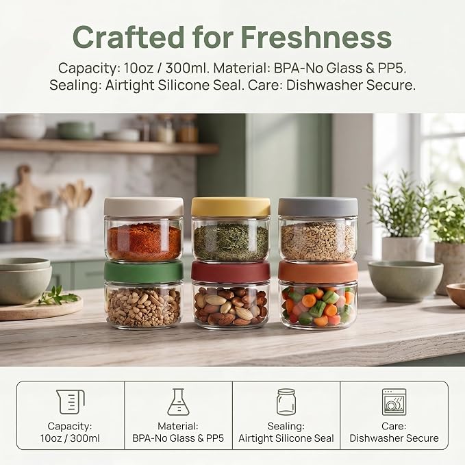 EONJOE 10 oz Glass Jars with Lids Meal Prep Portion Control Containers Pudding Yogurt Overnight Oats Salad Snack Cereal Candy Food Storage Cups Bowls Airtight