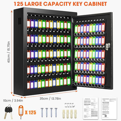 125 Position Key Cabinet Wall Mount with Anti-Theft Deposit Key Slot, Key Box Organizer with Key Hooks & 125 Tags Key Labels, Key Safe for Hotels & Office & Companies & Car Dealerships