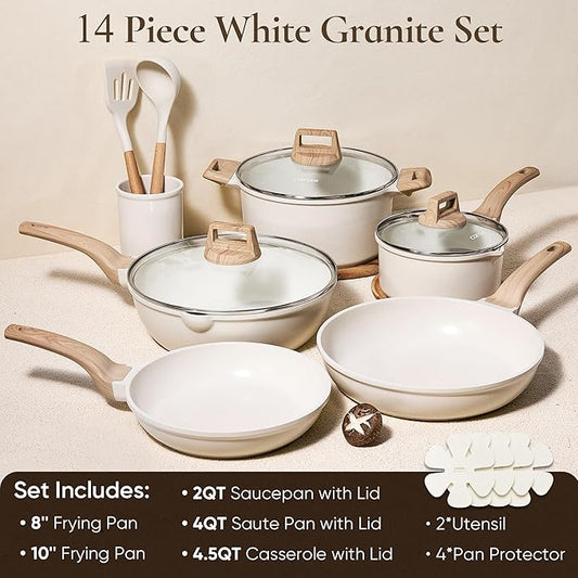 CAROTE 14 Pcs Pots and Pans Set Nonstick,Cookware Set Kitchen Cooking Set with Utensil and Pan Protectors