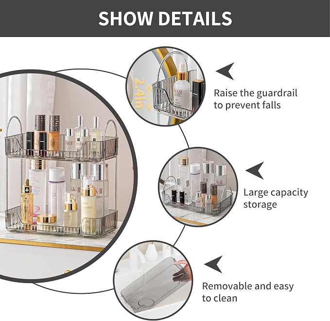Akinbas 2 Tier Bathroom Organizer Countertop Makeup Perfume Tray Skincare Organizer for Bathroom Dresser Vanity (Grey)