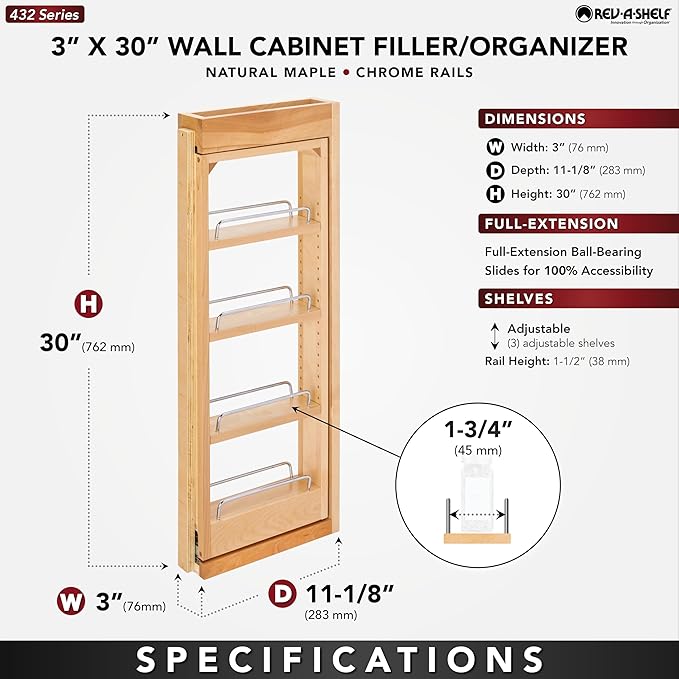 Rev-A-Shelf 3" W x 30" H Pullout Shelf Organizer for Between Wall Kitchen Cabinets, Filler Spice Rack & Seasoning Storage Holder, Maple Wood, 432-WF-3C