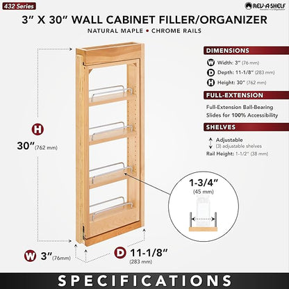 Rev-A-Shelf 3" W x 30" H Pullout Shelf Organizer for Between Wall Kitchen Cabinets, Filler Spice Rack & Seasoning Storage Holder, Maple Wood, 432-WF-3C