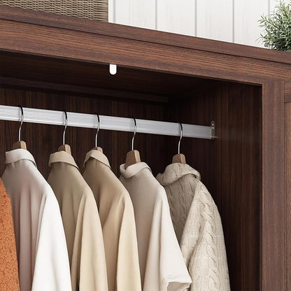 3 Doors Wardrobe Armoire Closet with Doors and Drawers, Farmhouse Wooden Armoire Storage Cabinet with Shelves & Hanging Rod for Bedroom, Brown