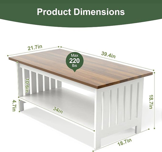 YOSHOOT 39.4" Farmhouse Coffee Table, Small Coffee Tables for Living Room | White, 2 Tier Coffee Table with Storage, Tea Table for Living Room Bedroom Small Space