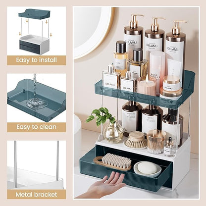 Delamu Bathroom Organizers and Storage, 2 Tier 2 Drawer Makeup Organizer Countertop, Easy to Install, Ideal for Bathroom Counter, Vanity, Ideal for Women Girls, Blue