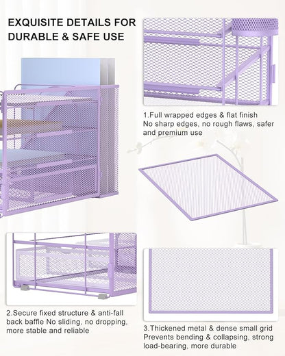 WALI Desk File Organizer, 4 Tier Desktop Paper Letter Tray Organizer with Drawer and 2 Pen Holders, Office Desk Accessories & Workspace Organizers for Office, Home Supplies(DO005DH-V), 1 Pack, Purple