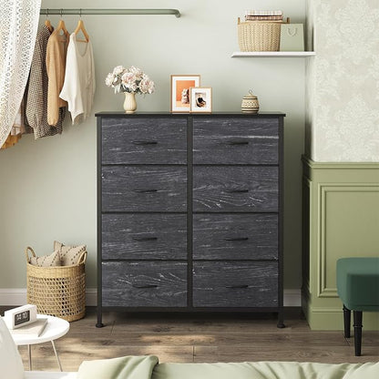 Sweetcrispy 8 Drawer Fabric Dresser for Bedroom, Tall Double Dresser Chest of Drawers with Sturdy Steel Frame and Wooden Top, Storage Organizer with Easy Pull Handles,Black Wood Grain