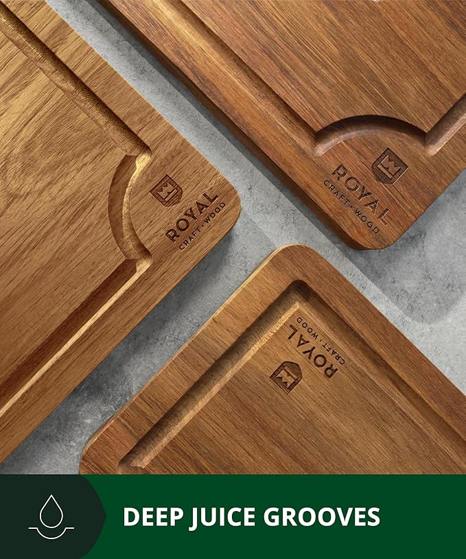 ROYAL CRAFT WOOD Wooden Cutting Boards for Kitchen Meal Prep & Serving - Bamboo Wood Serving Board Set with Deep Juice Groove Side Handles - Charcuterie & Chopping Butcher Block for Meat