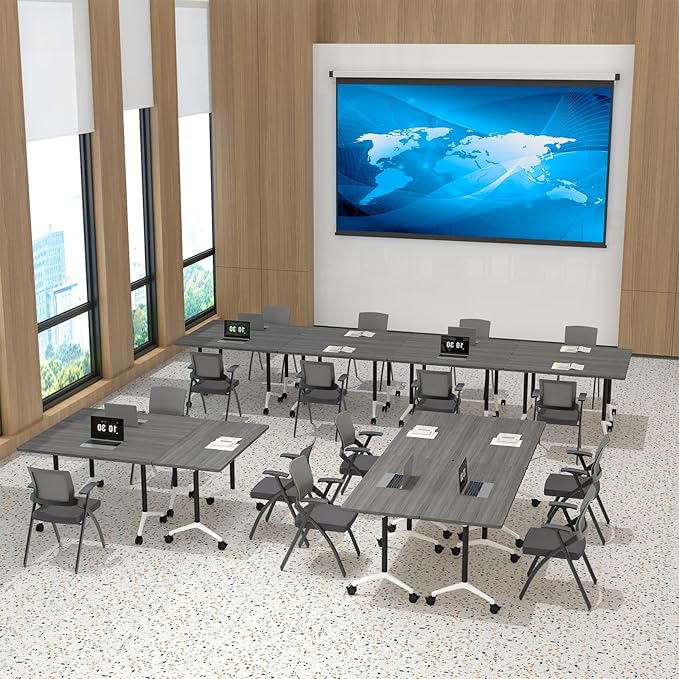 2Packs Folding Conference Table with Silent Wheels,Mobile Flip Top Meeting Room Table for Office Training and Classroom,Foldable Modular Rolling Desk for Home Office,Gray Space-Saving Rectangular