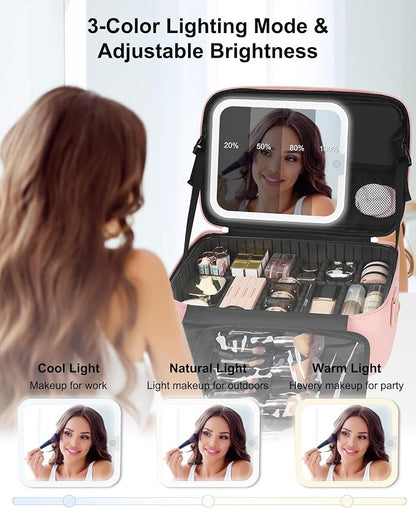 Relavel Travel Makeup Bag With LED Mirror, Portable Cosmetic Bag Organizer with Adjustable Brightness in 3 Color Scenarios, Professional Large Cosmetic Train Case with Shoulder Strap - Pink