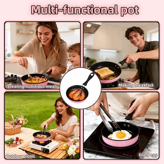 4.7 Inch Mini Frying Pan, Black Non-Stick Egg Pan with Hanging Hole, Flat Bottom Design for Gas, Induction, Electric Stove, Perfect for Single Serve Breakfast, Omelets & Camping, RV Use (Pink)