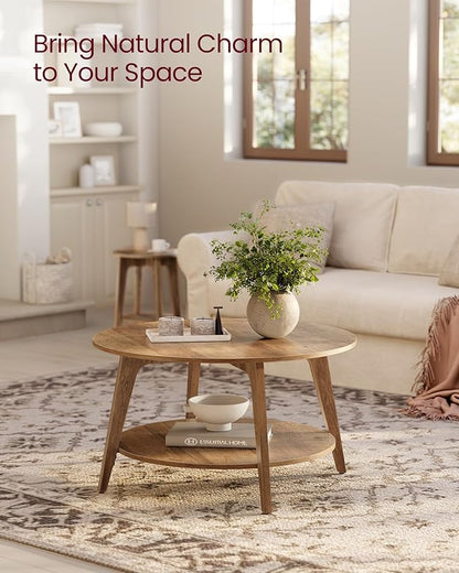 VASAGLE MAEZO Collection - Round Coffee Table, 2-Tier Center Table with Storage, Tapered Legs, Curved Transitions, 31.5 Dia. x 17.7 H Inches, Easy Assembly, for Living Room, Honey Brown ULCT243K41