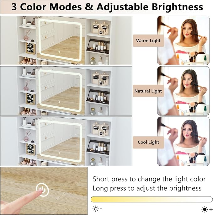 43.3" Fluted Vanity Desk with Mirror and Lights, Wood Makeup Vanity Desk with Charging Station & Mobile Mirror, Modern Dressing Table with Adjustable Shelves & Jewelry Hooks for Girls, Women, White