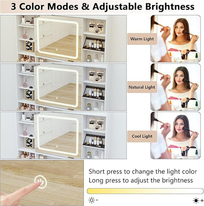 43.3" Fluted Vanity Desk with Mirror and Lights, Wood Makeup Vanity Desk with Charging Station & Mobile Mirror, Modern Dressing Table with Adjustable Shelves & Jewelry Hooks for Girls, Women, White